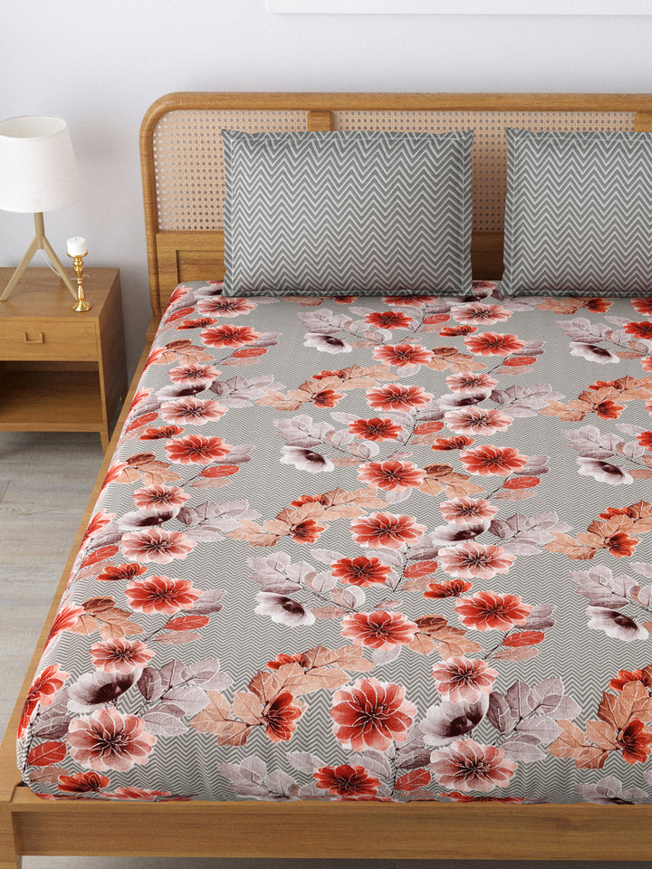 Cotton 180TC Double Bed Bedsheet With 2 Pillow Covers; Rust Orange Flowers
