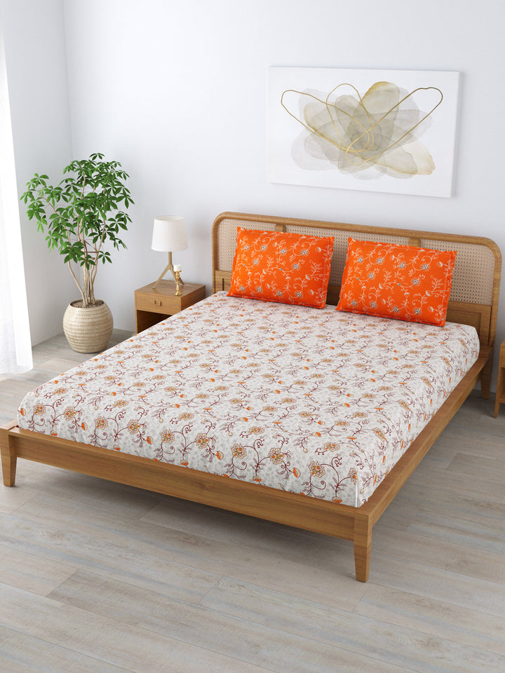 Cotton 180TC Double Bed Bedsheet With 2 Pillow Covers; Beige Orange Flowers