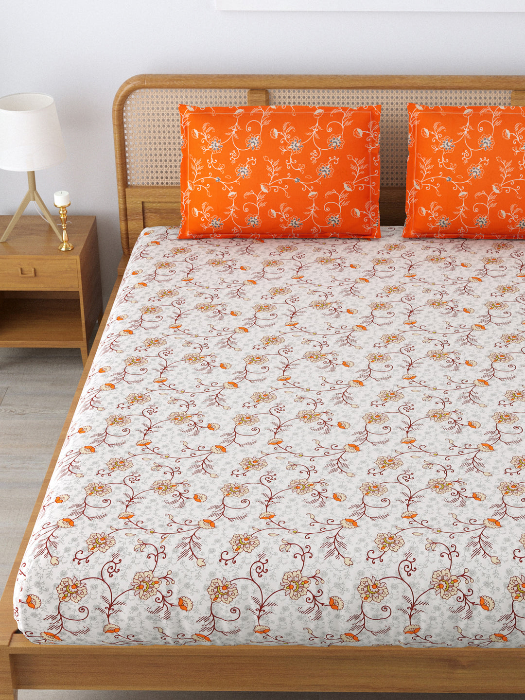 Cotton 180TC Double Bed Bedsheet With 2 Pillow Covers; Beige Orange Flowers