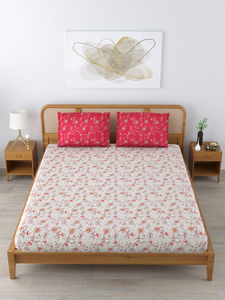 Cotton 180TC Double Bed Bedsheet With 2 Pillow Covers; Beige Pink Flowers