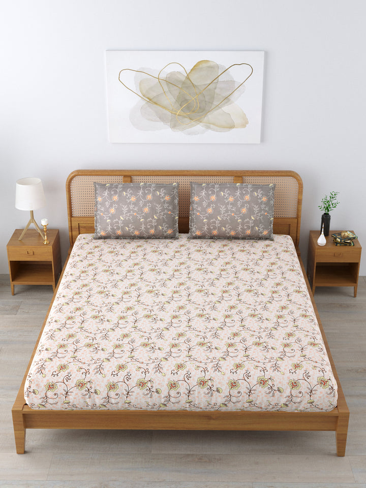 Cotton 180TC Double Bed Bedsheet With 2 Pillow Covers; Beige Lemon Flowers