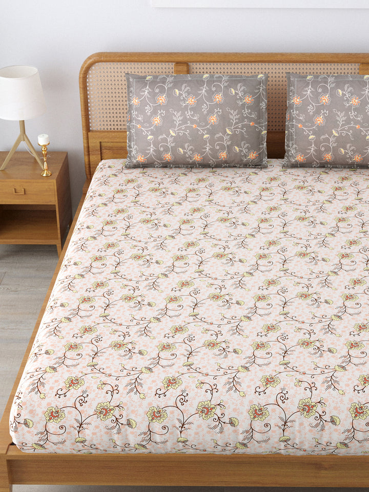 Cotton 180TC Double Bed Bedsheet With 2 Pillow Covers; Beige Lemon Flowers