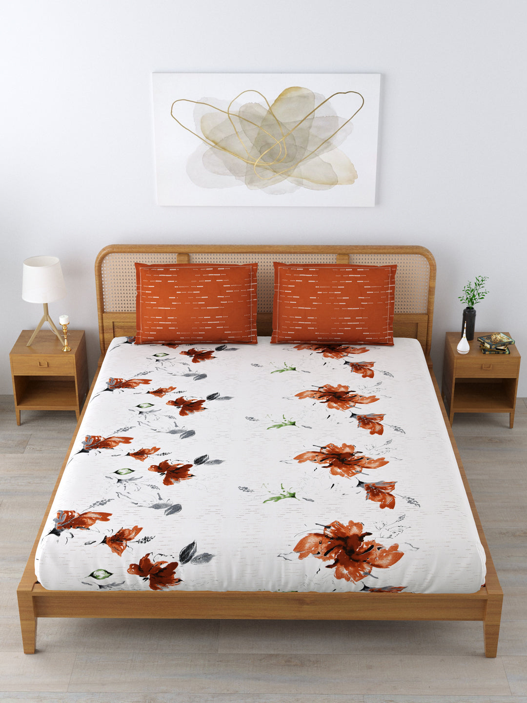 Cotton 180TC Double Bed Bedsheet With 2 Pillow Covers; Brown Flowers
