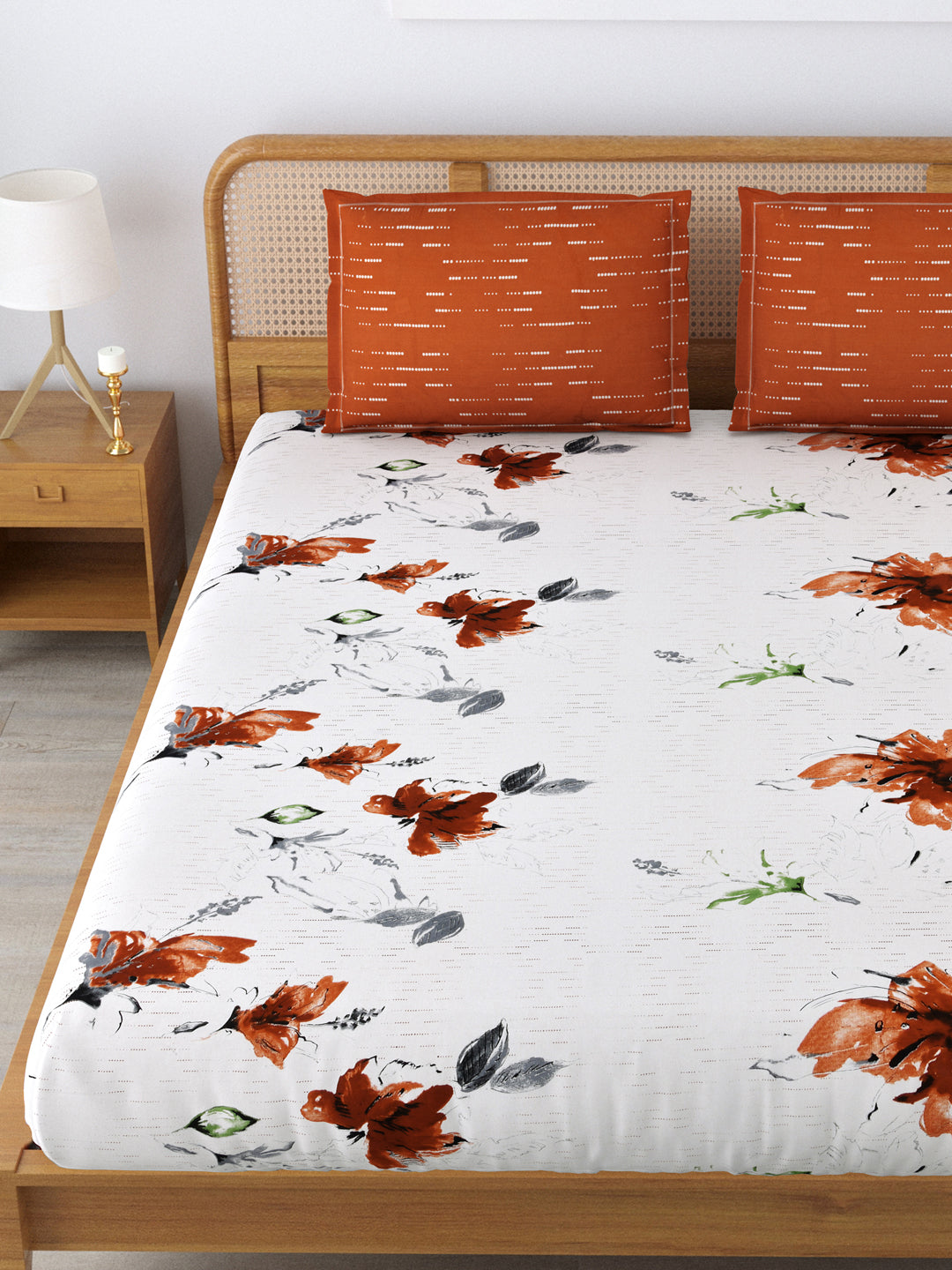 Cotton 180TC Double Bed Bedsheet With 2 Pillow Covers; Brown Flowers