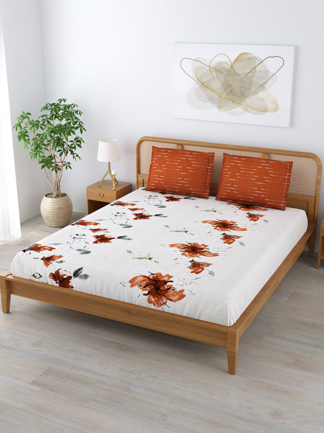 Cotton 180TC Double Bed Bedsheet With 2 Pillow Covers; Brown Flowers