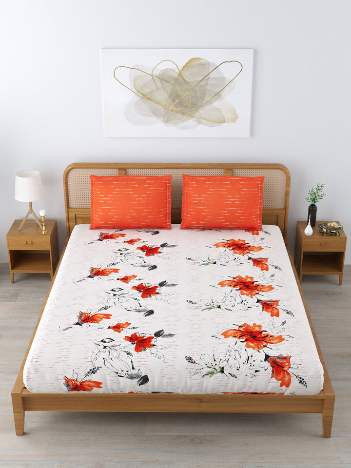 Cotton 180TC Double Bed Bedsheet With 2 Pillow Covers; Orange Flowers