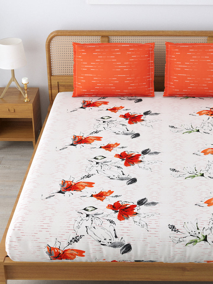 Cotton 180TC Double Bed Bedsheet With 2 Pillow Covers; Orange Flowers