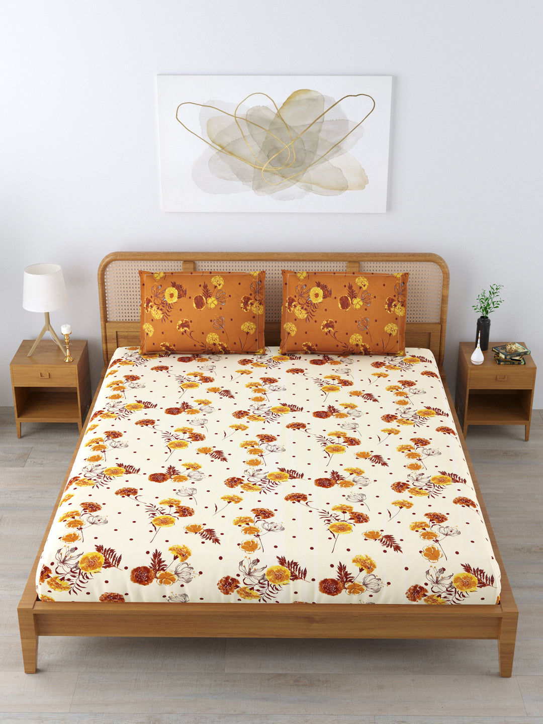 Cotton 180TC Double Bed Bedsheet With 2 Pillow Covers; Yellow Brown Flowers