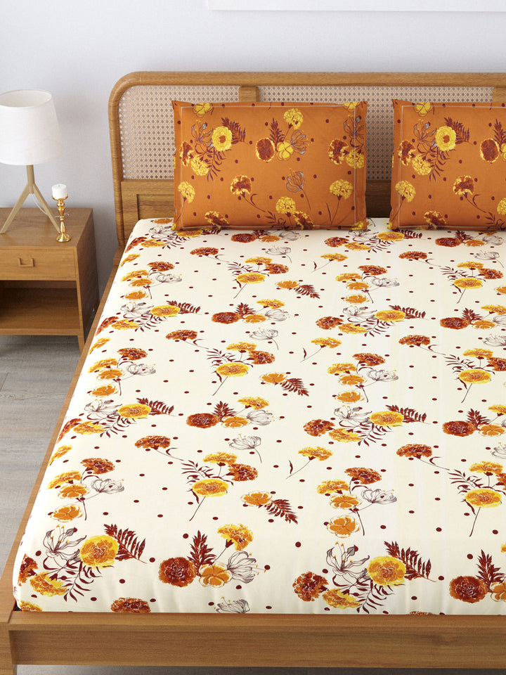 Cotton 180TC Double Bed Bedsheet With 2 Pillow Covers; Yellow Brown Flowers