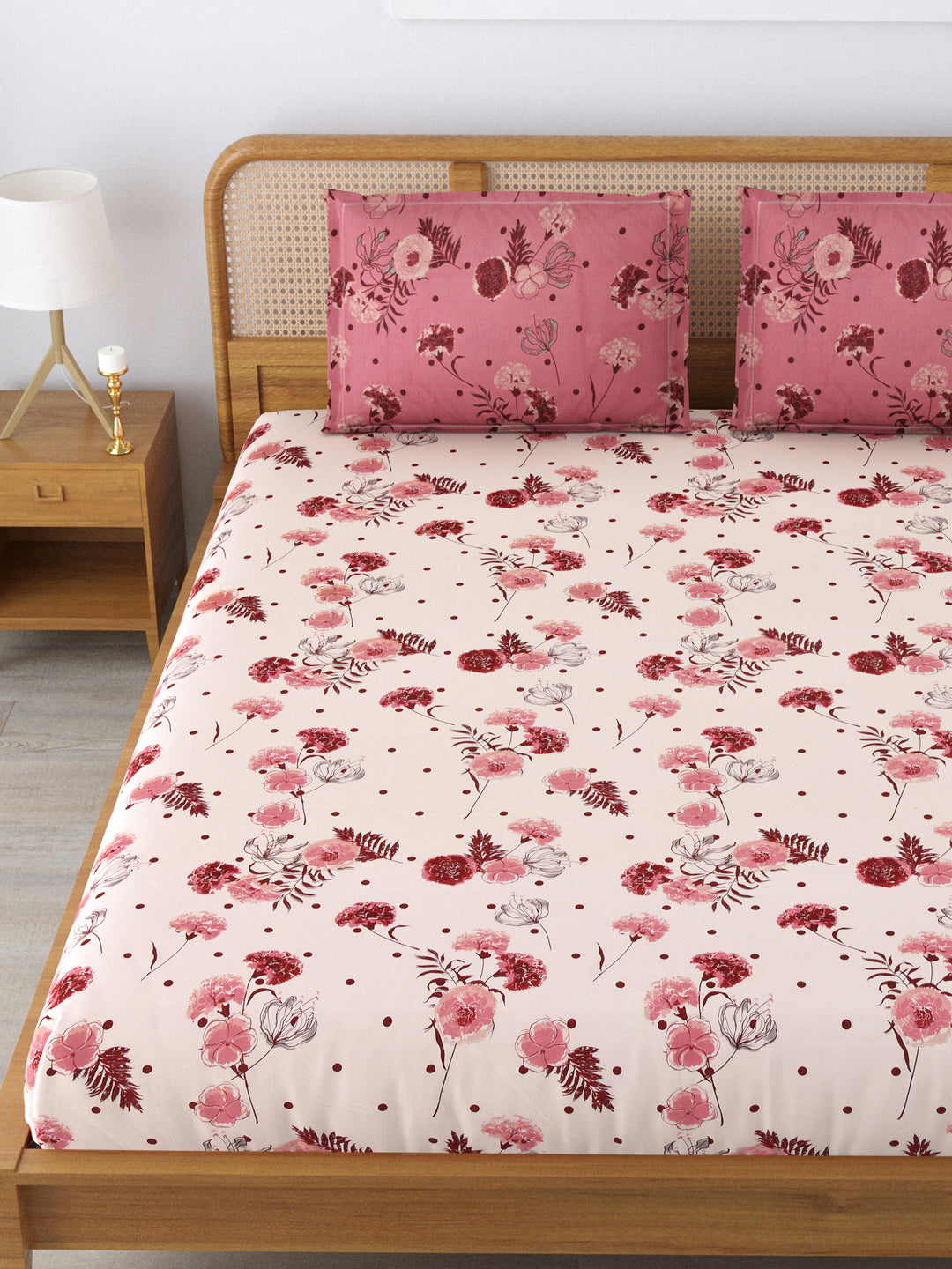 Cotton 180TC Double Bed Bedsheet With 2 Pillow Covers; Pink Maroon Flowers