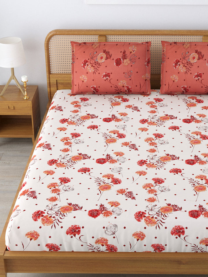 Cotton 180TC Double Bed Bedsheet With 2 Pillow Covers; Orange Red Flowers