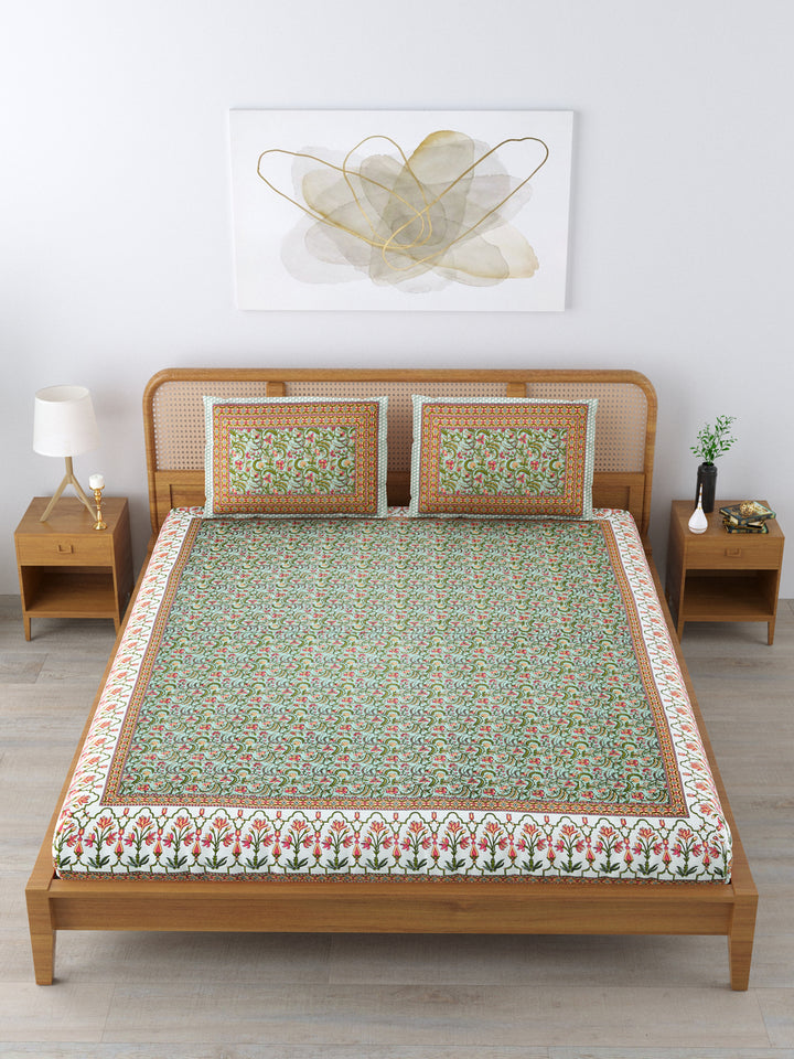 Cotton 210TC King Size Bedsheet With 2 Pillow Covers; Green Pink Flowers