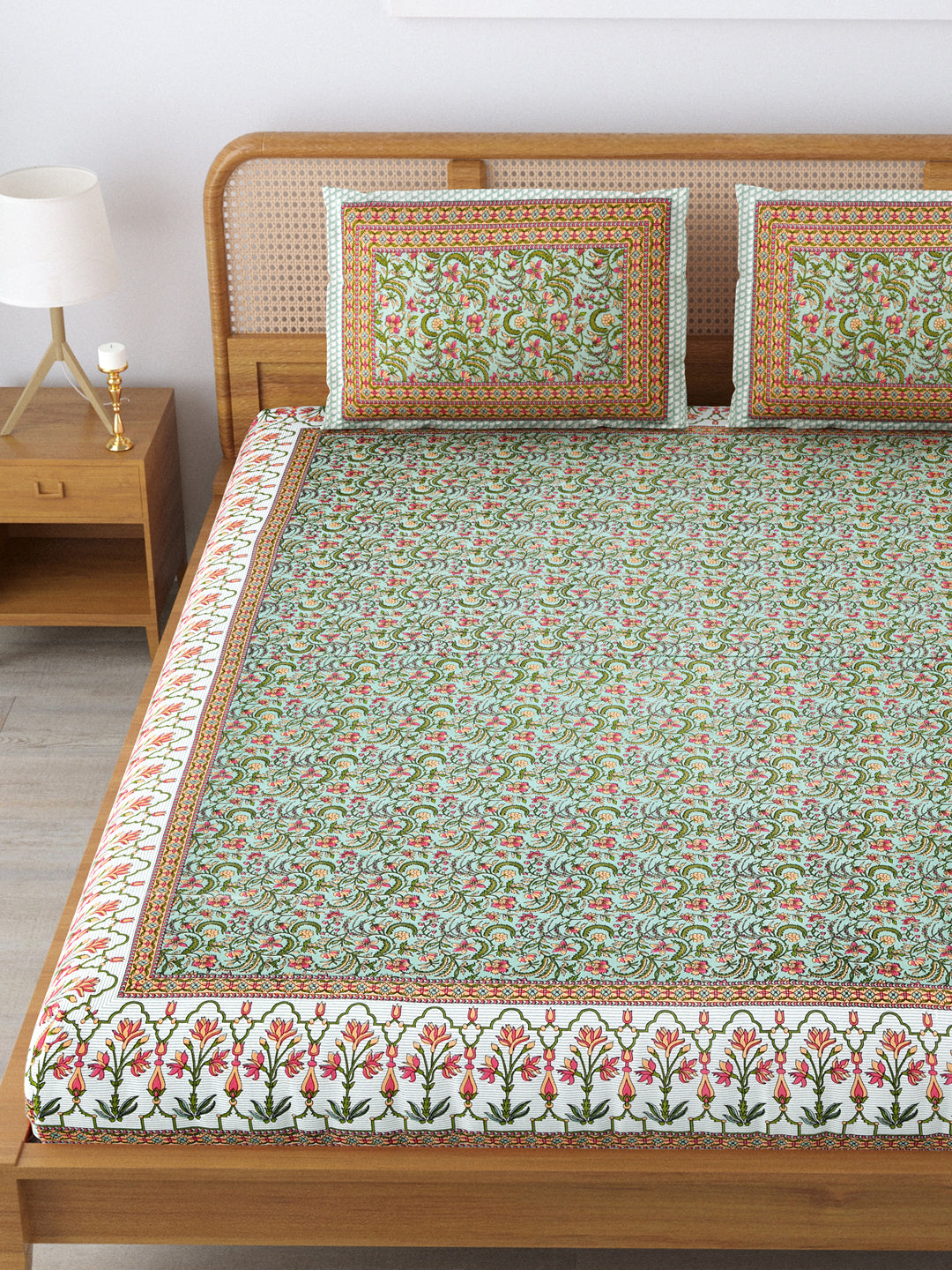 Cotton 210TC King Size Bedsheet With 2 Pillow Covers; Green Pink Flowers