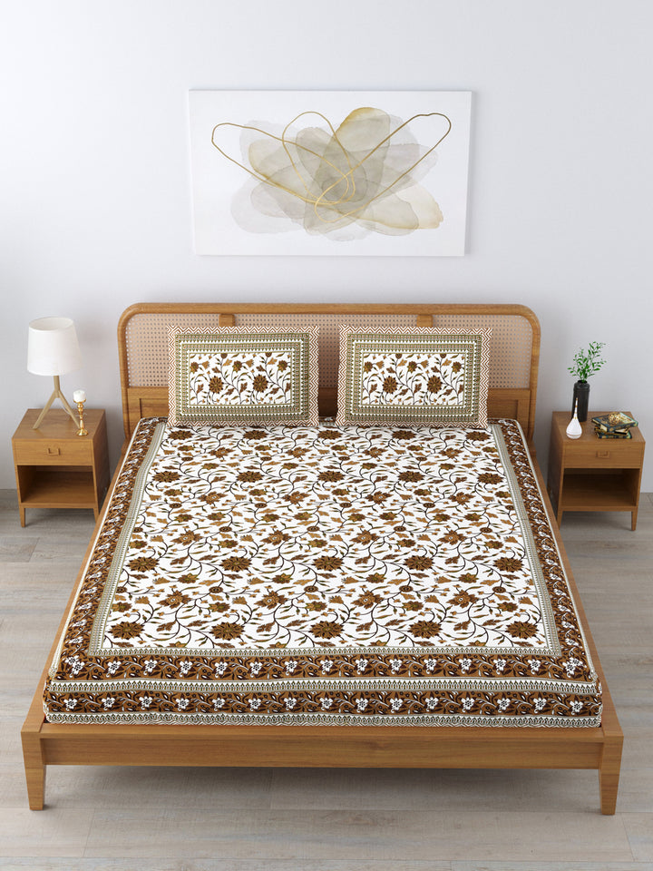Cotton 210TC King Size Bedsheet With 2 Pillow Covers; Brown Flowers