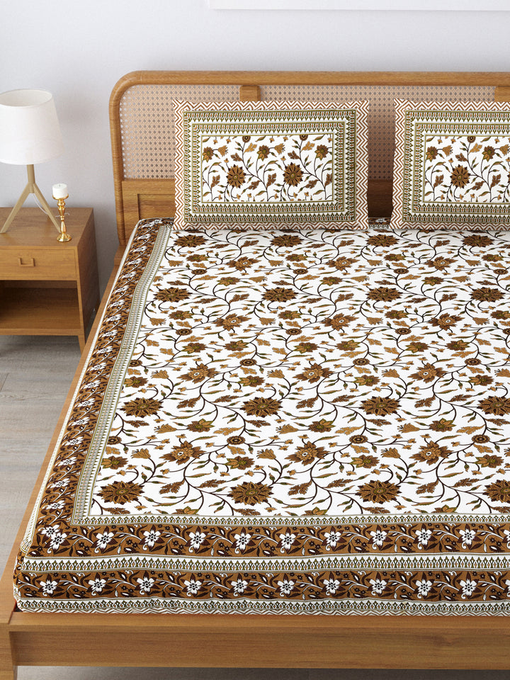 Cotton 210TC King Size Bedsheet With 2 Pillow Covers; Brown Flowers