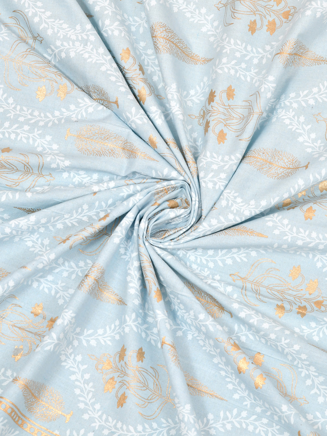 Cotton 250TC King Size Bedsheet With 2 Pillow Covers; Golden Motif On Powder Blue