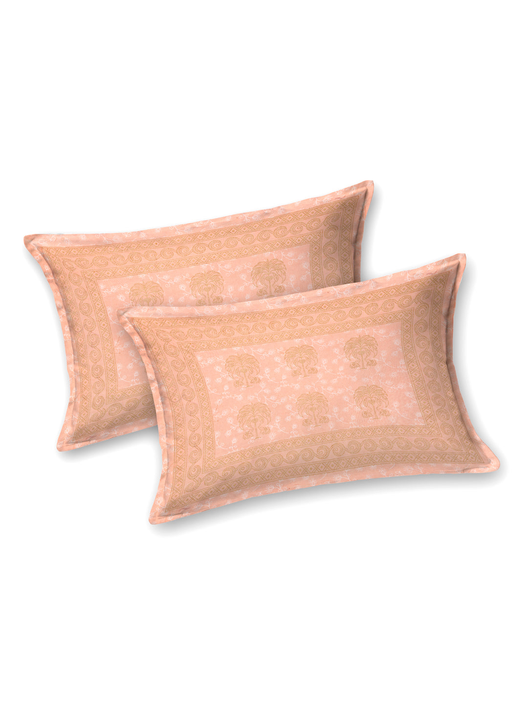 Cotton 250TC King Size Bedsheet With 2 Pillow Covers; Golden Motif On Bright Peach