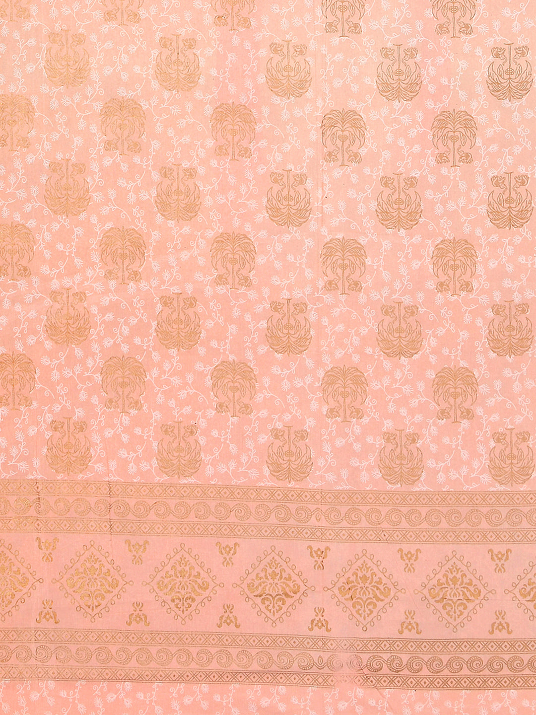 Cotton 250TC King Size Bedsheet With 2 Pillow Covers; Golden Motif On Bright Peach