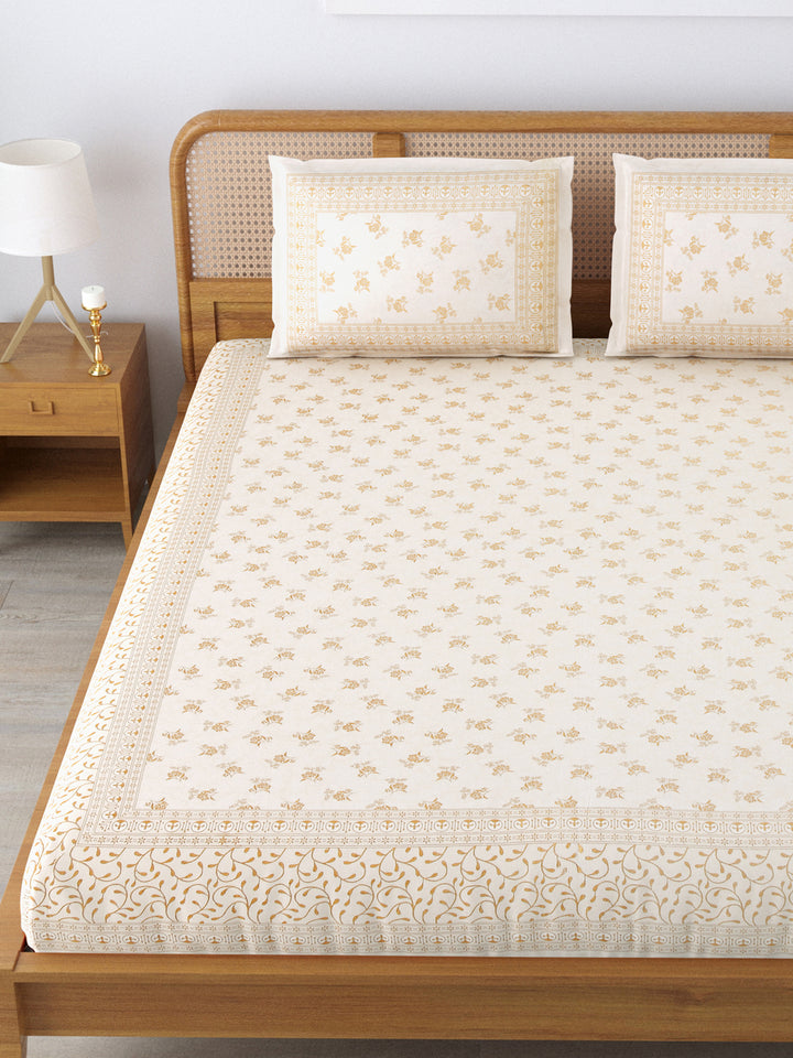 Cotton 250TC Double Bed Bedsheet With 2 Pillow Covers; Golden Flowers On White