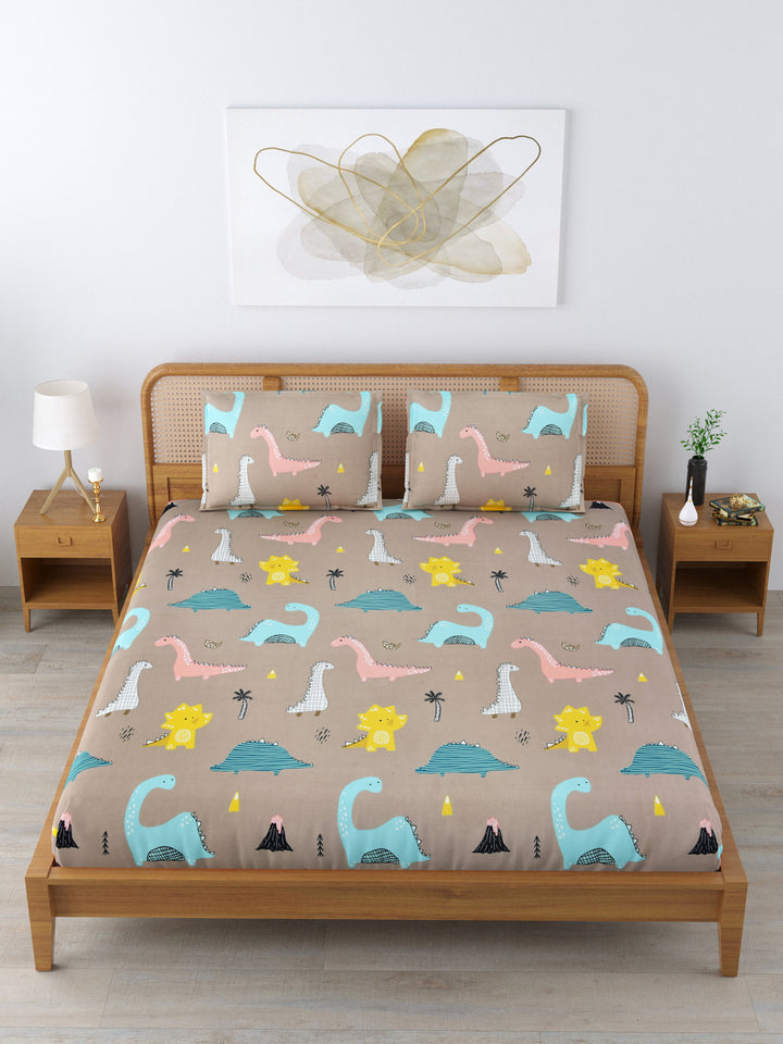 Micro Cotton 220TC Double Bed Bedsheet With 2 Pillow Covers; Peach & Blue Animals