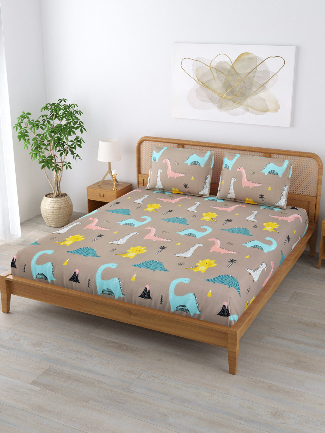 Fitted King Size Bedsheet With 2 Pillow Covers; Peach & Blue Animals