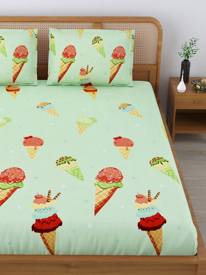 Fitted King Size Bedsheet With 2 Pillow Covers; Ice Cream Cones