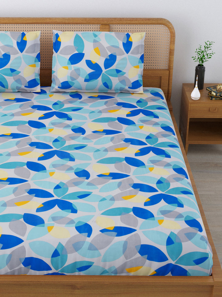 Fitted King Size Bedsheet With 2 Pillow Covers; Blue & Yellow Abstract