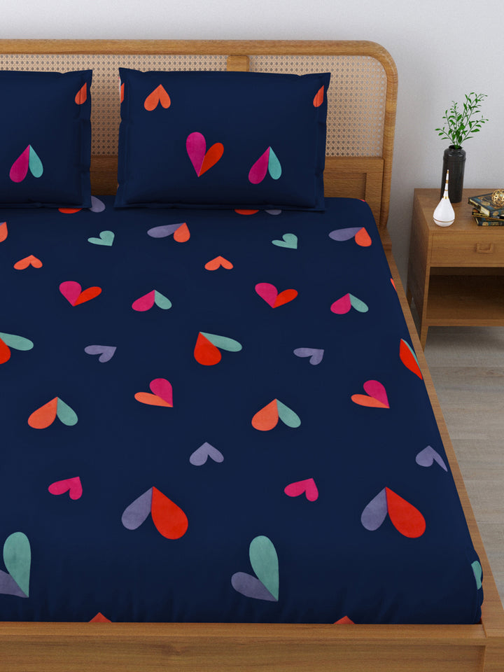 Fitted King Size Bedsheet With 2 Pillow Covers; Multicolor Hearts