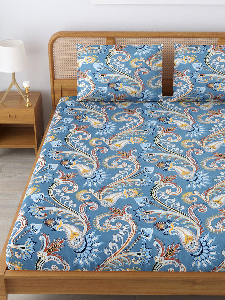 Micro Cotton 220TC Double Bed Bedsheet With 2 Pillow Covers; Blue Traditional