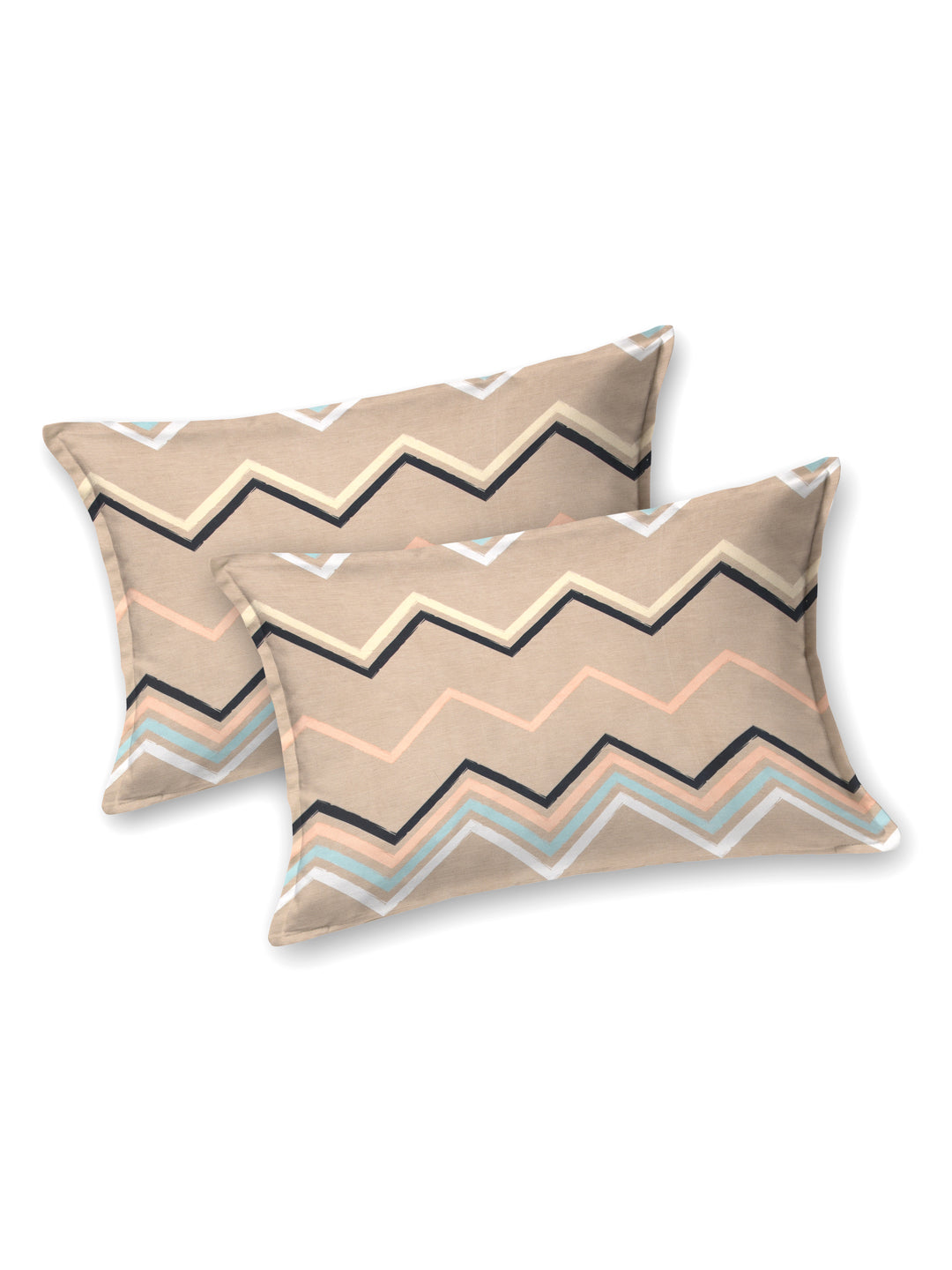 Fitted King Size Bedsheet With 2 Pillow Covers; ZigZag Lines On Brown