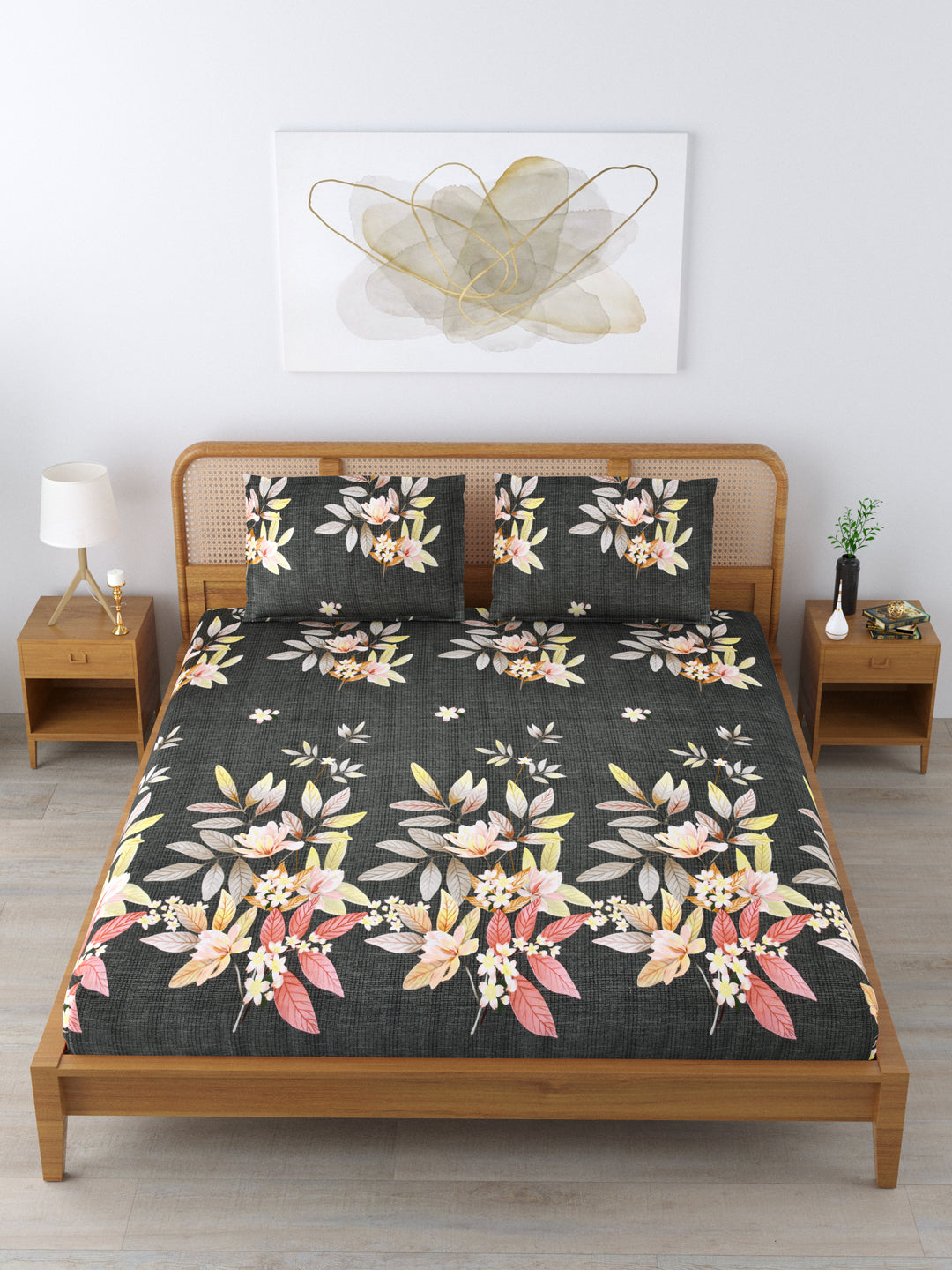 Micro Cotton 220TC Double Bed Bedsheet With 2 Pillow Covers; Flowers On Dark Grey