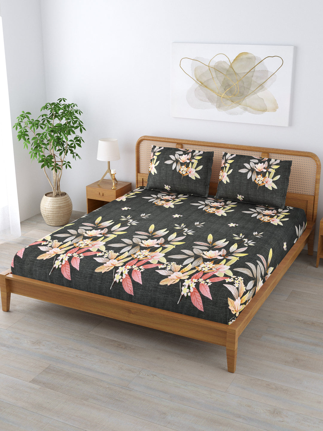 Fitted King Size Bedsheet With 2 Pillow Covers; Flowers On Dark Grey