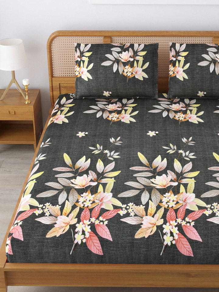 Micro Cotton 220TC Double Bed Bedsheet With 2 Pillow Covers; Flowers On Dark Grey