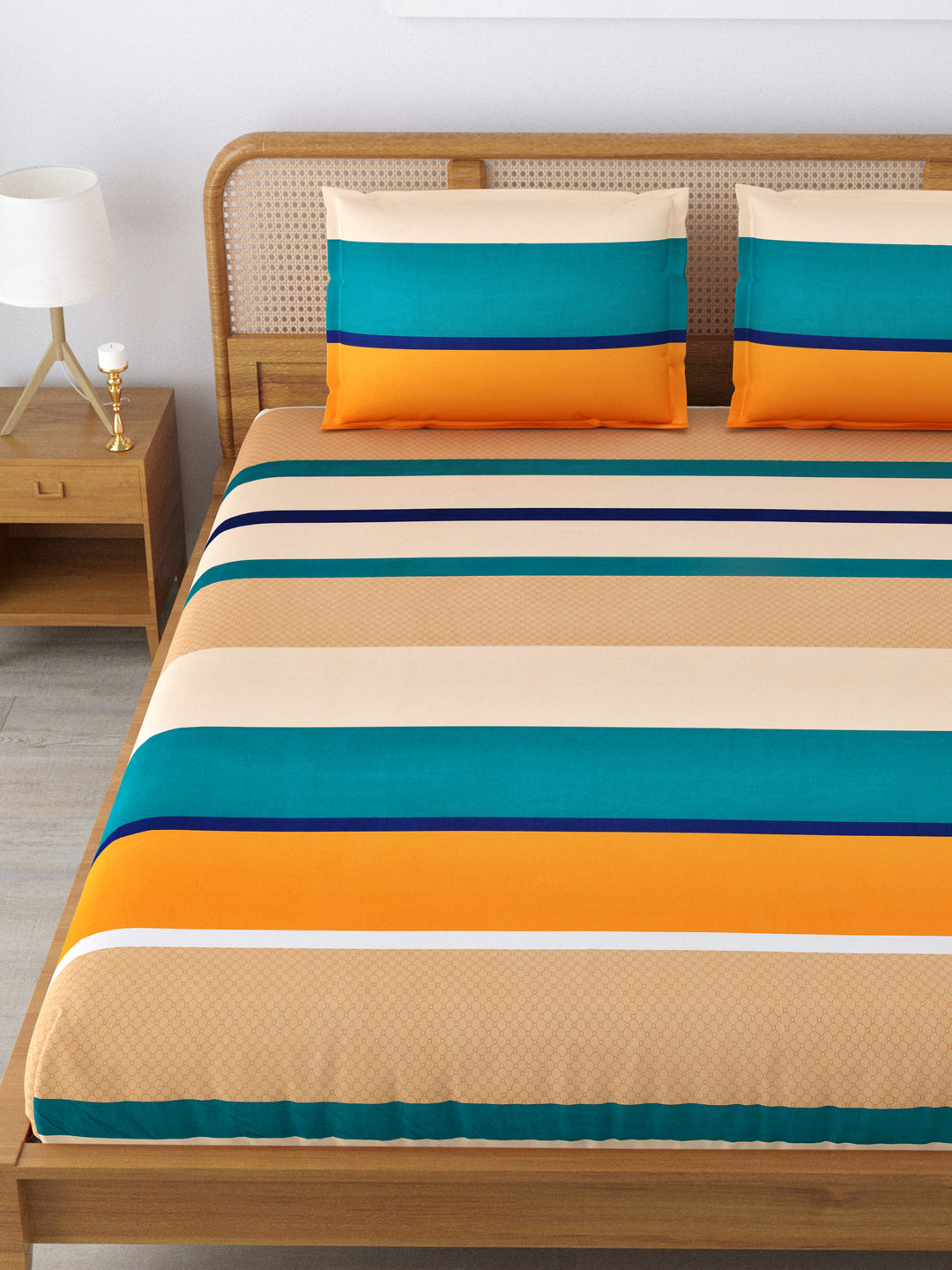 Micro Cotton 220TC Double Bed Bedsheet With 2 Pillow Covers; Multicolor Stripes