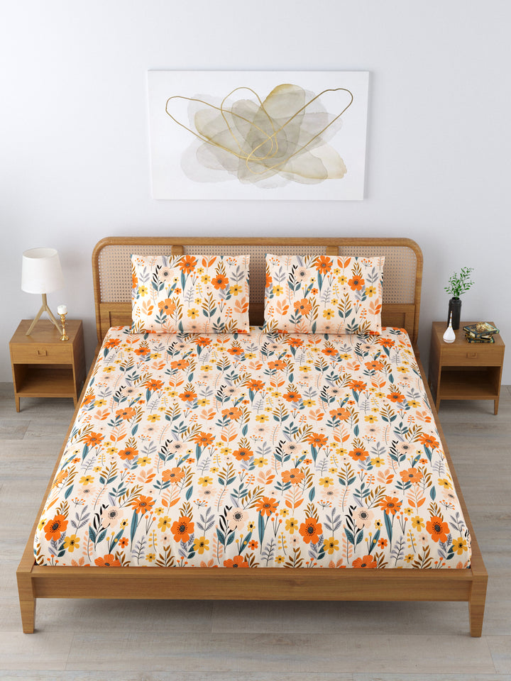 Micro Cotton 220TC Double Bed Bedsheet With 2 Pillow Covers; Multicolor Flowers