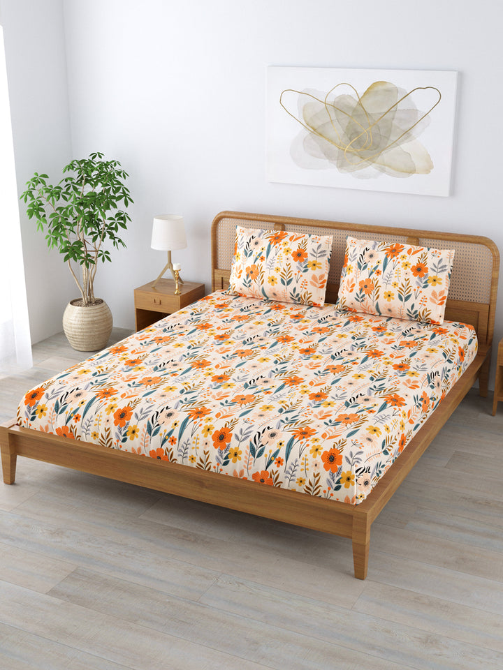 Micro Cotton 220TC Double Bed Bedsheet With 2 Pillow Covers; Multicolor Flowers