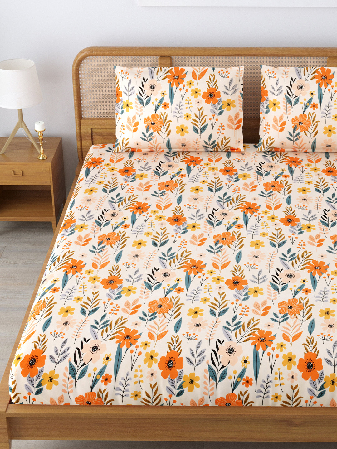Fitted King Size Bedsheet With 2 Pillow Covers; Multicolor Flowers
