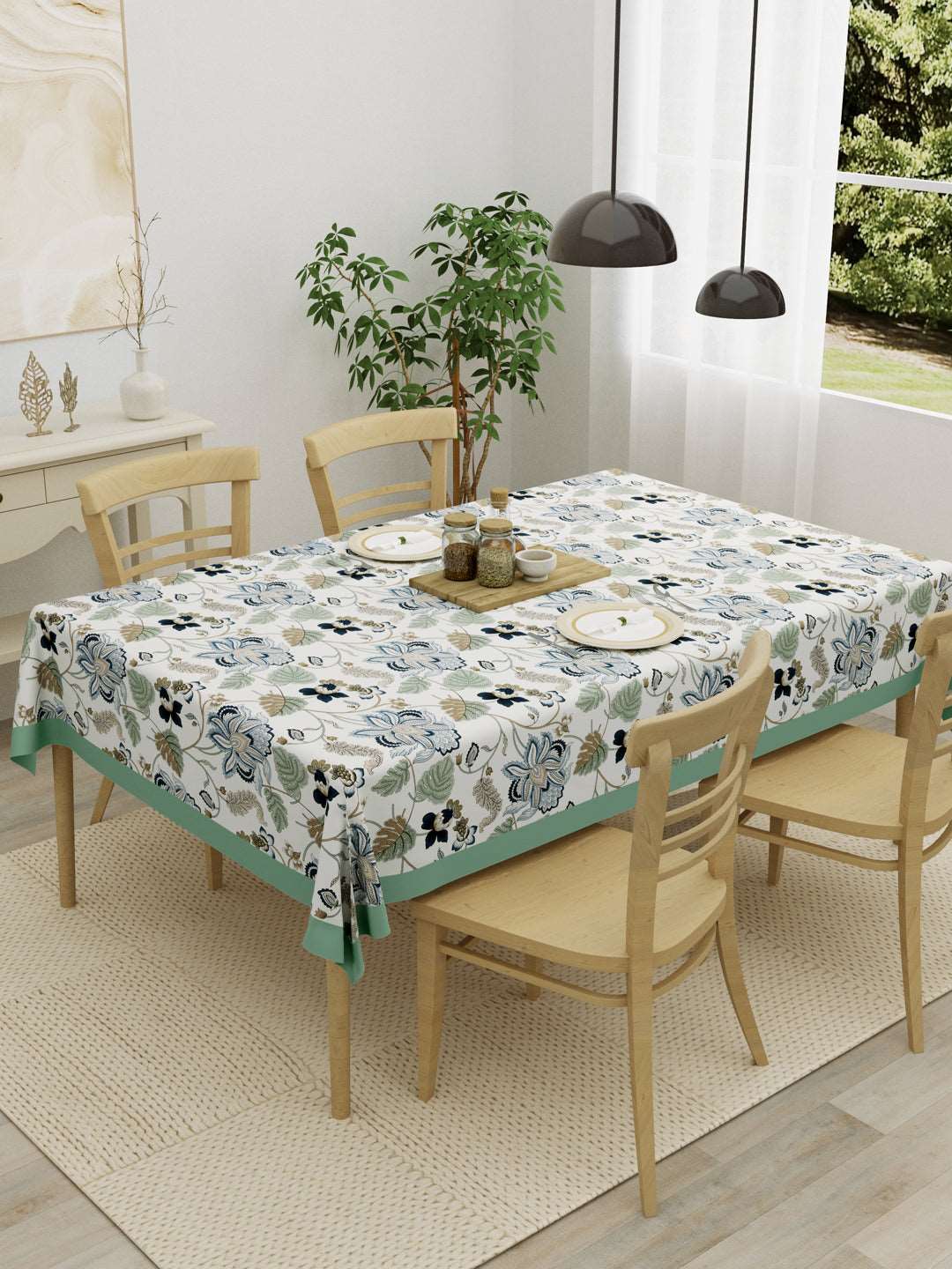 100% Cotton Table Cover; Green & Beige