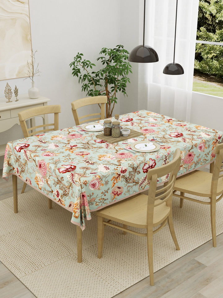 100% Cotton Table Cloth; Multicolor Flowers On Green