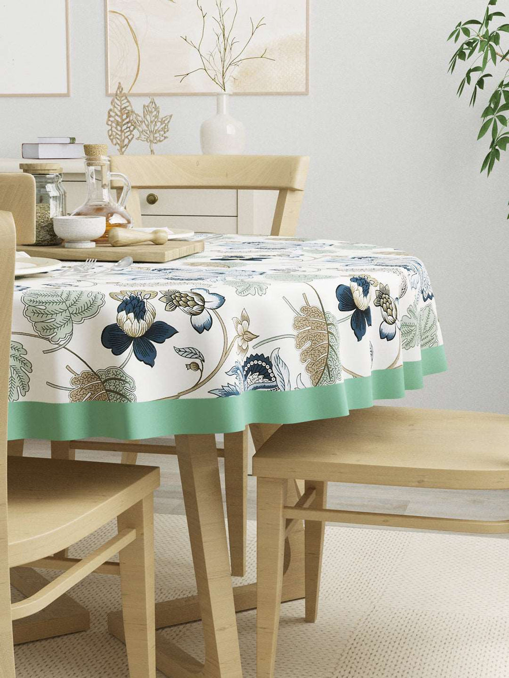 100% Cotton 4 Seater Round Table Cover; 60x60 Inches; Green & Beige