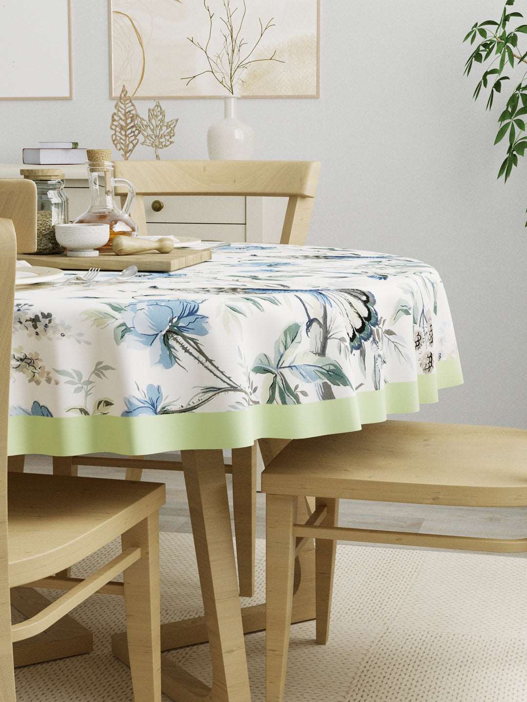 100% Cotton 4-6 Seater Round Table Cover; 60x60 Inches; Blue & Green