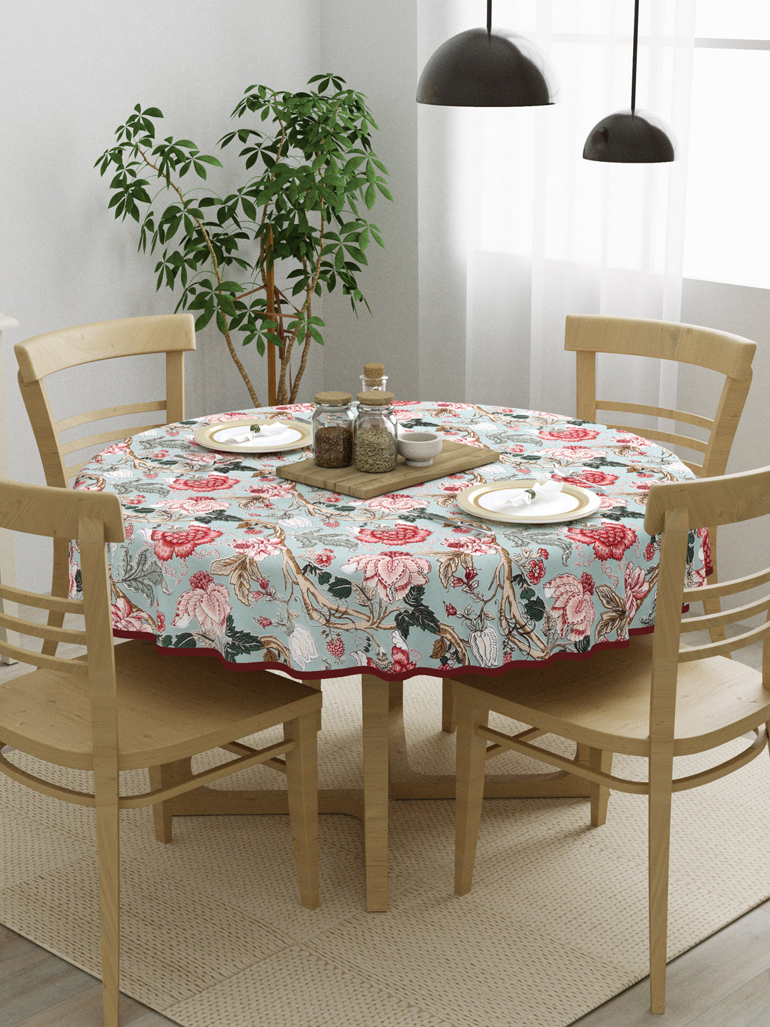 100% Cotton Round Table Cover; Pink Maroon Flowers