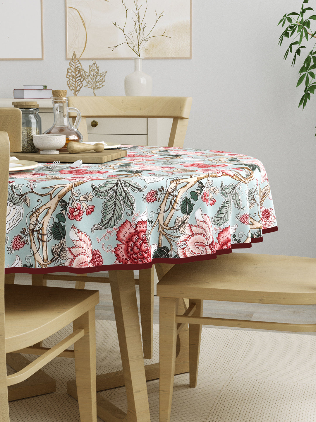 100% Cotton Round Table Cover; Pink Maroon Flowers
