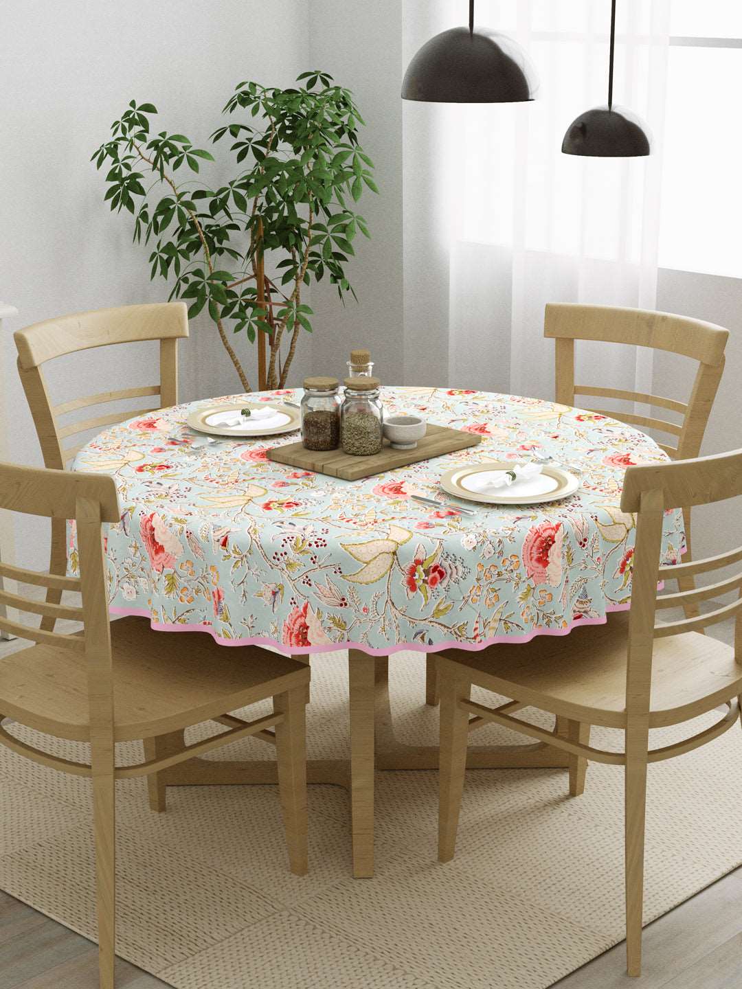 100% Cotton 4 Seater Round Table Cover; 60x60 Inches; Light Orange Flowers