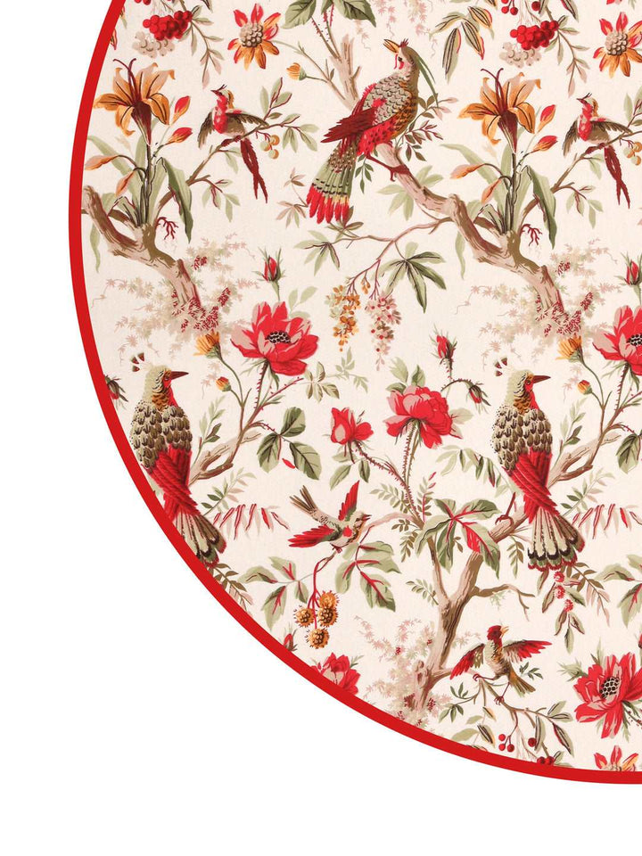 100% Cotton 4 Seater Round Table Cover; 60x60 Inches; Red Flowers & Birds