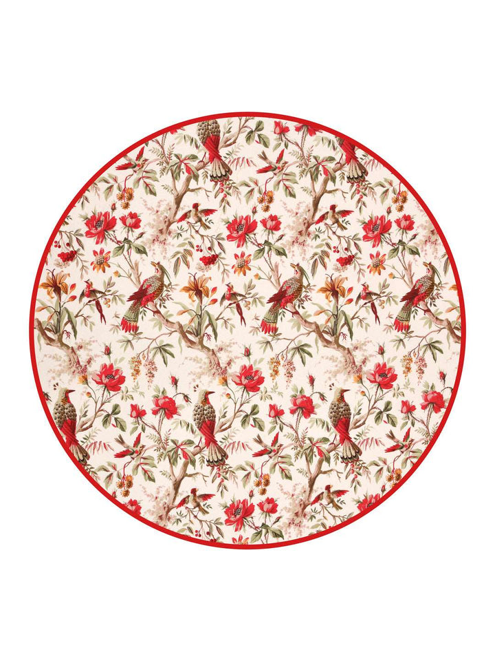 100% Cotton 4 Seater Round Table Cover; 60x60 Inches; Red Flowers & Birds