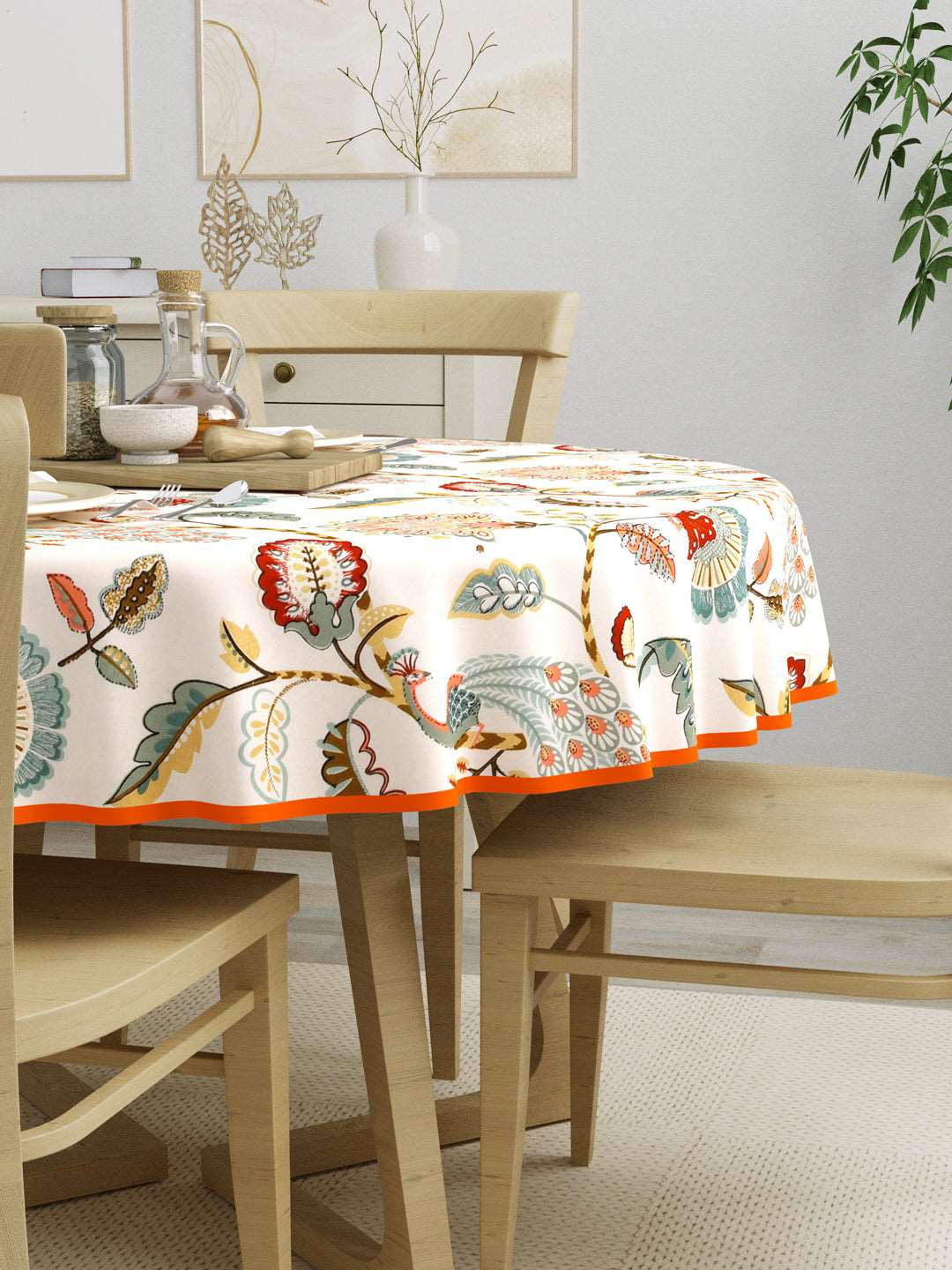 100% Cotton 4 Seater Round Table Cover; 60x60 Inches; Multicolor Peacock