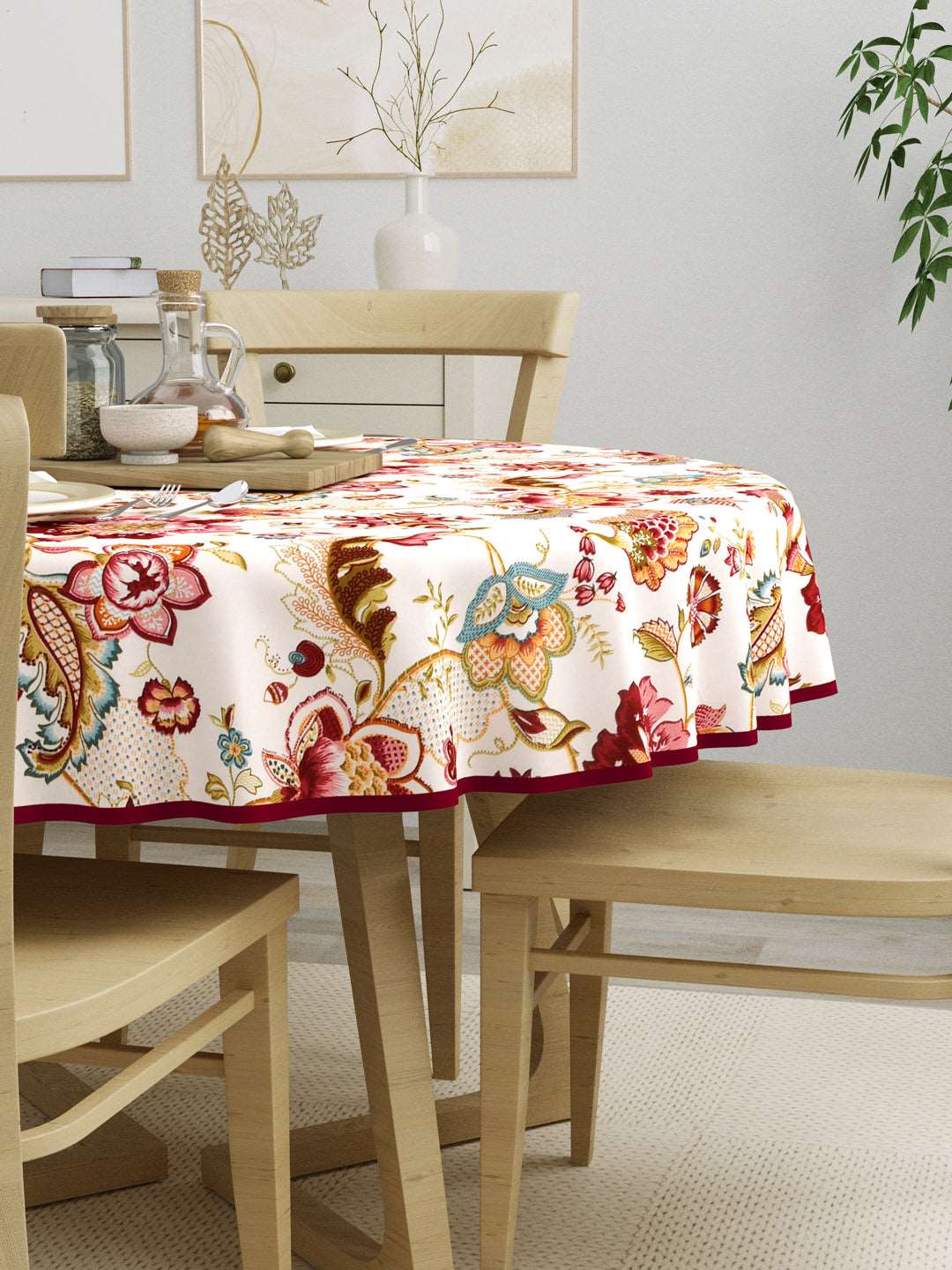 100% Cotton 4 Seater Round Table Cover; 60x60 Inches; Maroon Flowers