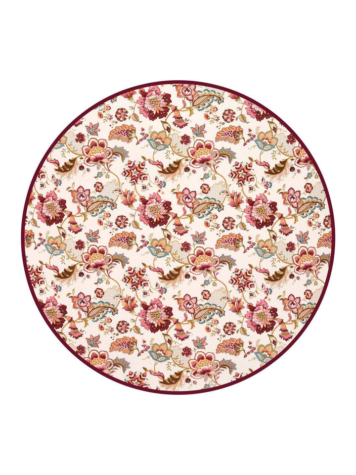100% Cotton 4 Seater Round Table Cover; 60x60 Inches; Maroon Flowers