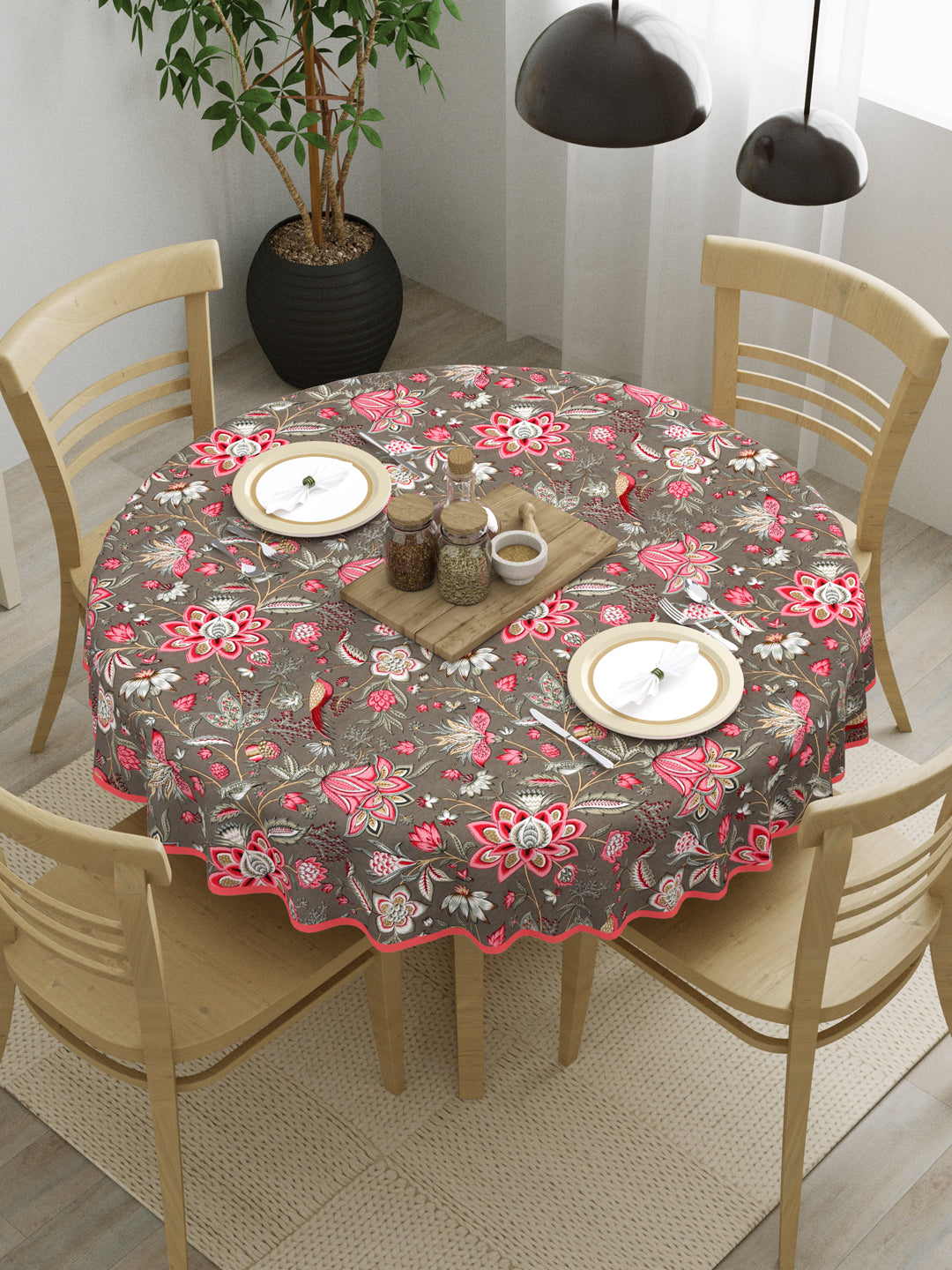 100% Cotton Round Table Cover; Pink Flowers
